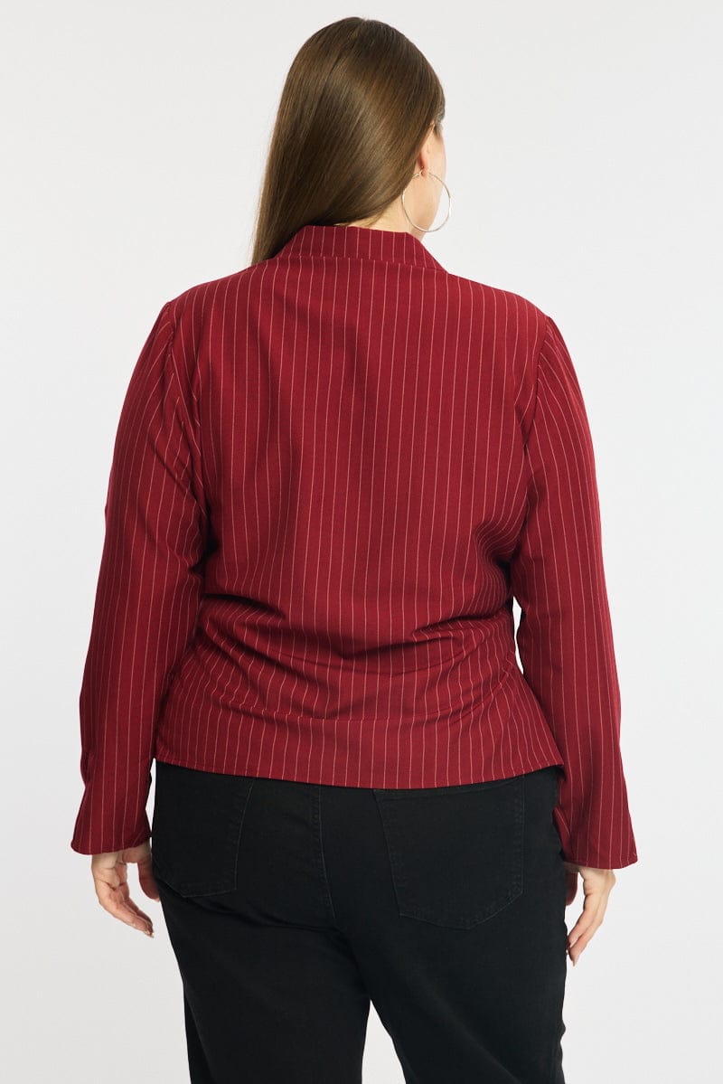 Red Stripe Shirt Long Sleeves Collared Button Up Pinstripe for YouandAll Fashion