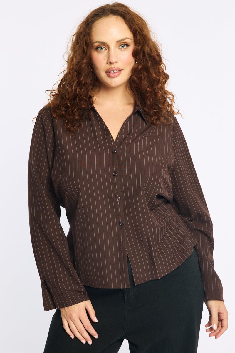 Brown Stripe Shirt Long Sleeves Collared Button Up Pinstripe for YouandAll Fashion