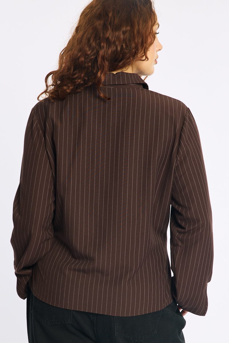 Brown Stripe Shirt Long Sleeves Collared Button Up Pinstripe for YouandAll Fashion