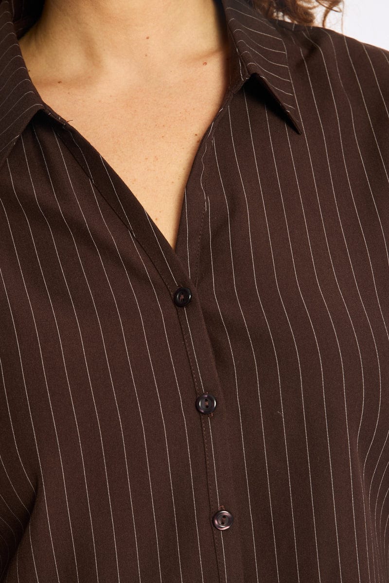 Brown Stripe Shirt Long Sleeves Collared Button Up Pinstripe for YouandAll Fashion