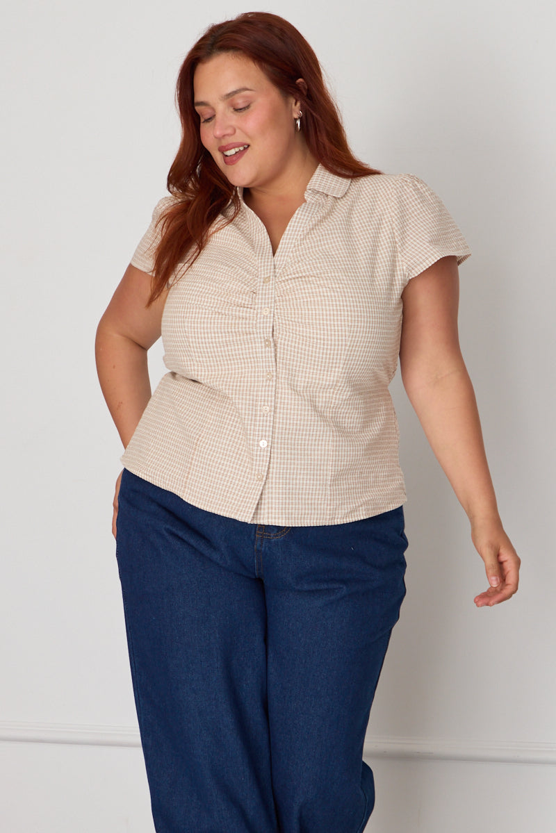 Beige Check Shirt Short Sleeve Fitted Ruched Bust for YouandAll Fashion