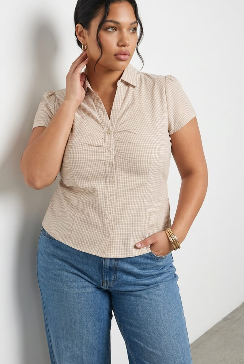 Beige Check Shirt Short Sleeve Fitted Ruched Bust for YouandAll Fashion