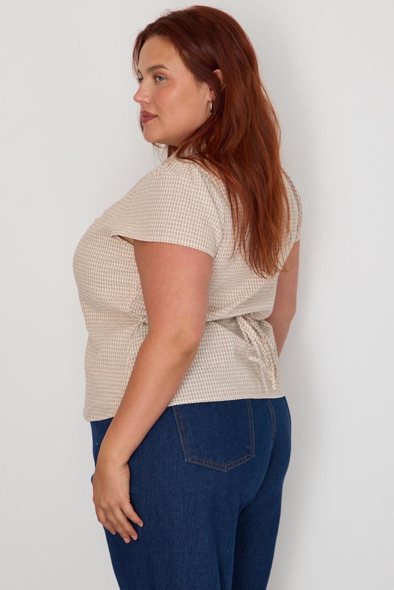 Beige Check Shirt Short Sleeve Fitted Ruched Bust for YouandAll Fashion