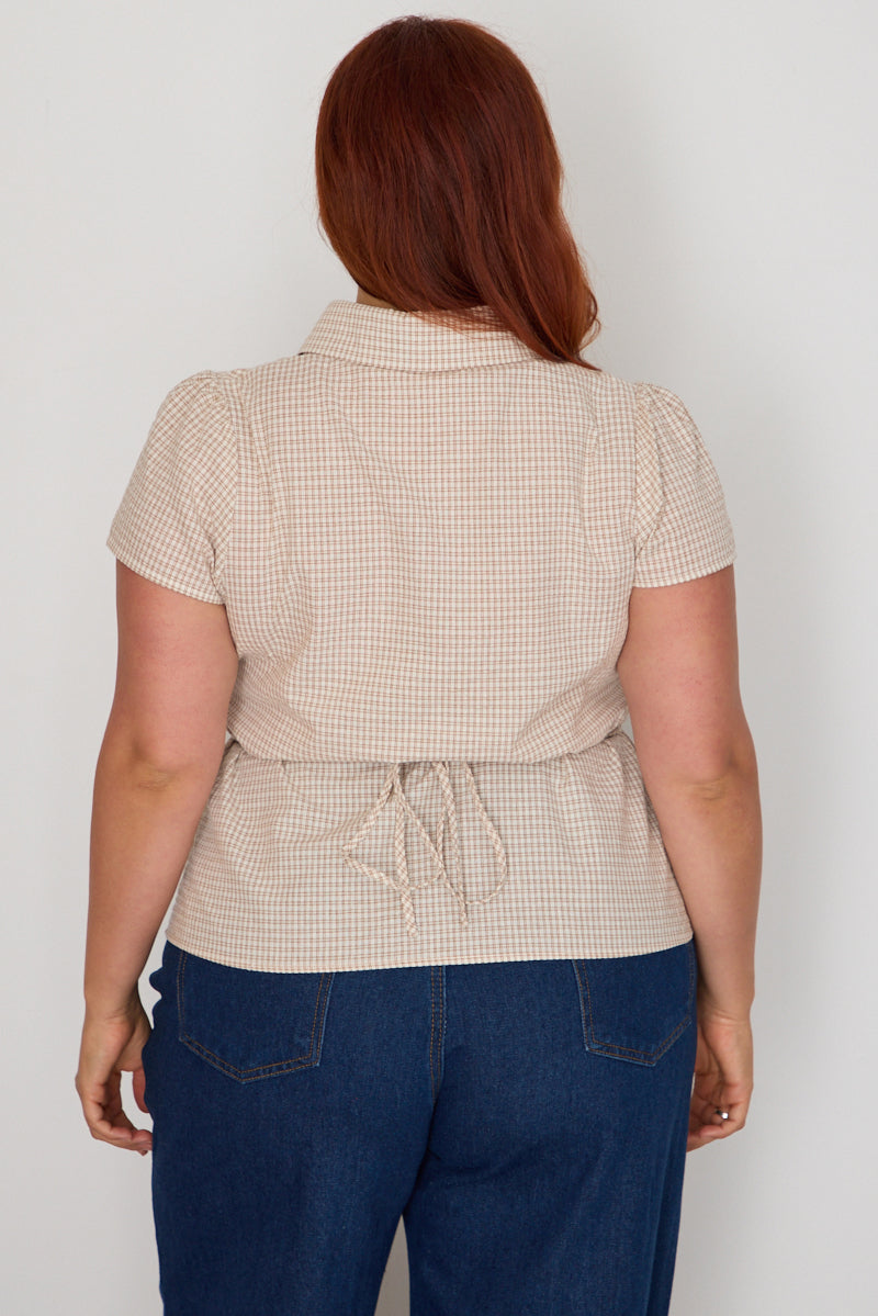 Beige Check Shirt Short Sleeve Fitted Ruched Bust for YouandAll Fashion
