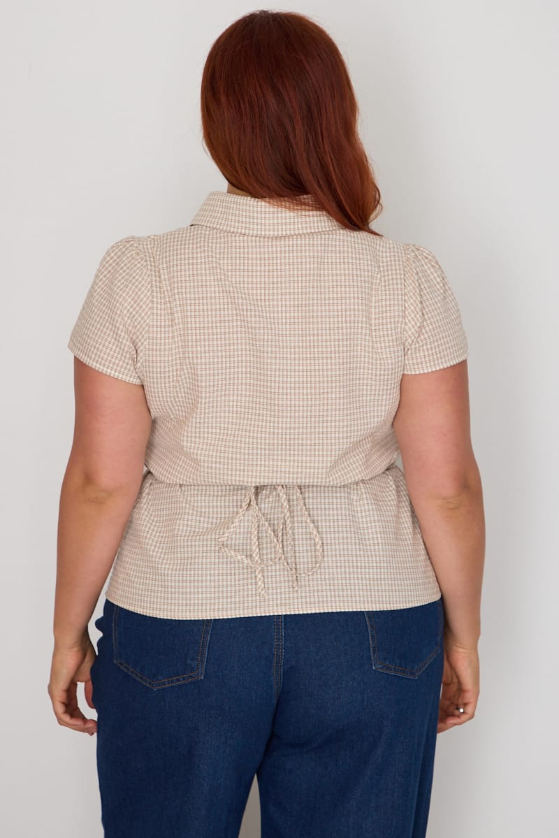 Beige Check Shirt Short Sleeve Fitted Ruched Bust for YouandAll Fashion