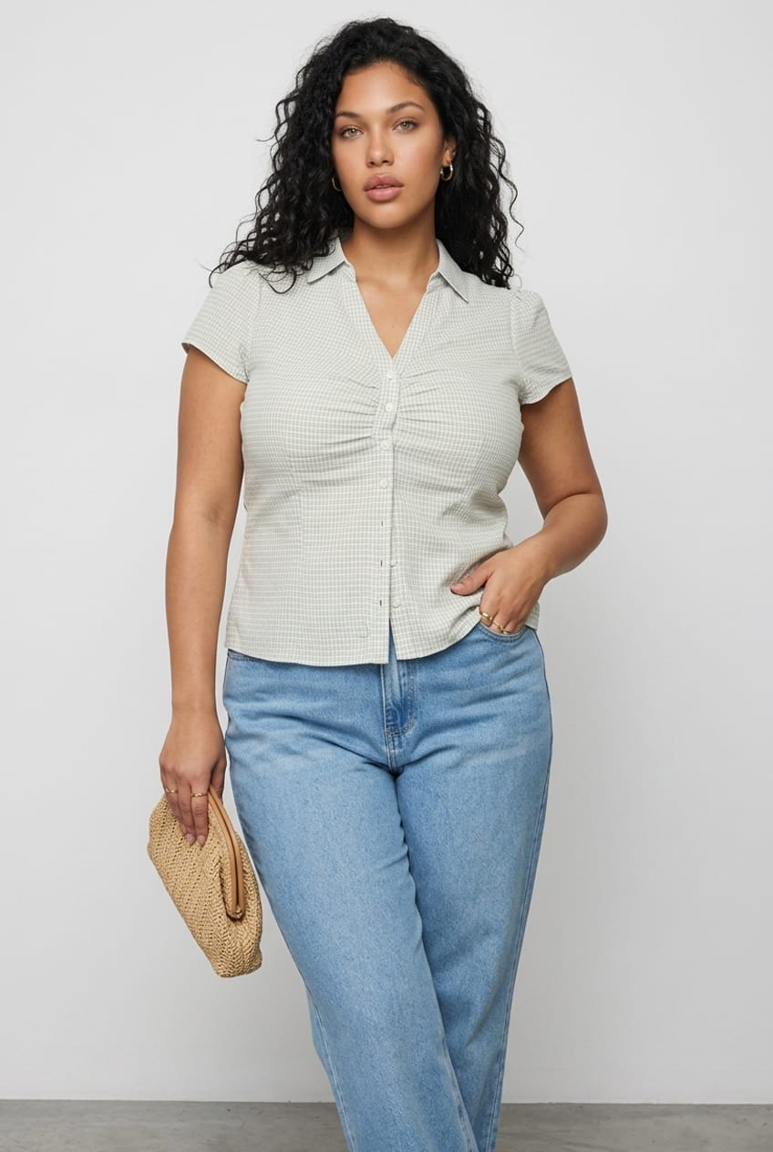 Blue Check Shirt Short Sleeve Fitted Ruched Bust for YouandAll Fashion