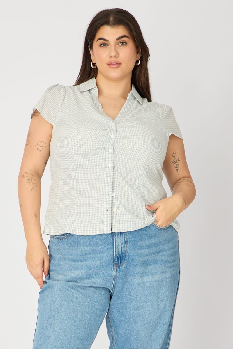 Blue Check Shirt Short Sleeve Fitted Ruched Bust for YouandAll Fashion