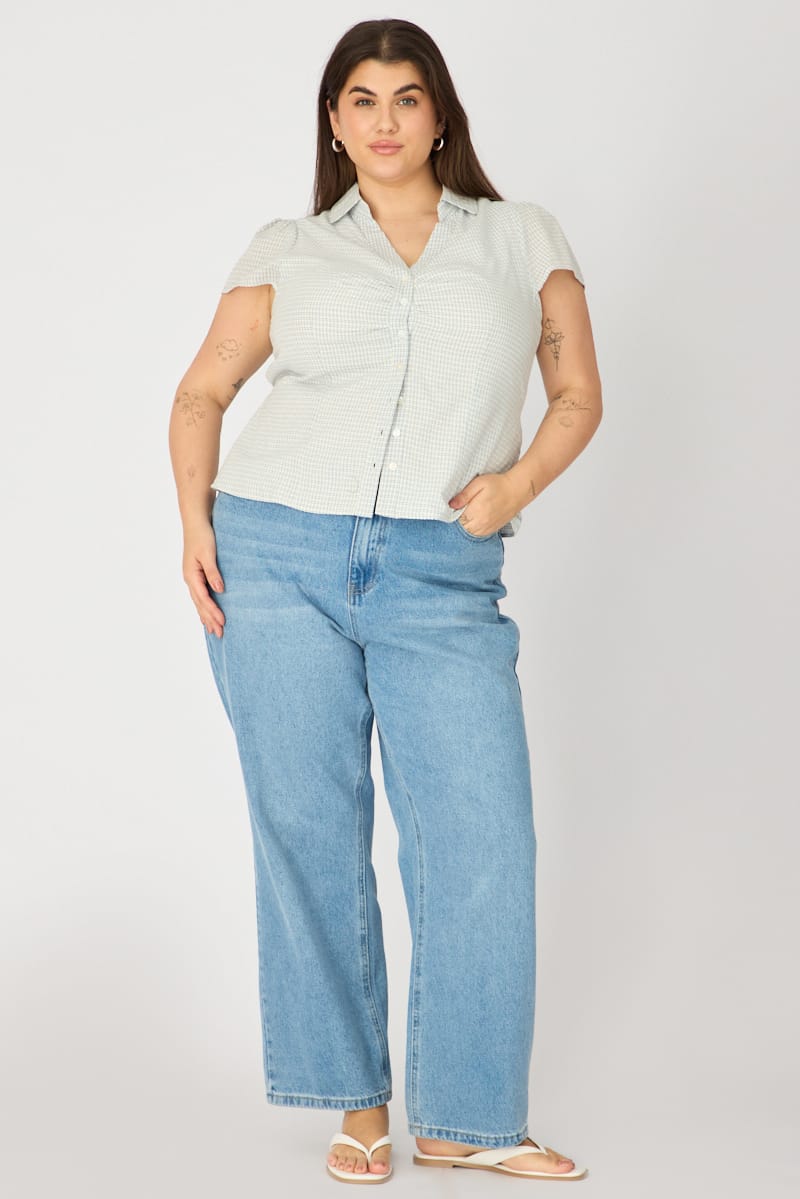 Blue Check Shirt Short Sleeve Fitted Ruched Bust for YouandAll Fashion