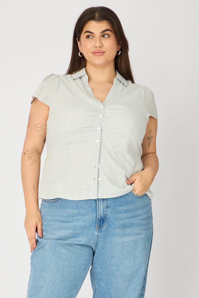 Blue Check Shirt Short Sleeve Fitted Ruched Bust for YouandAll Fashion