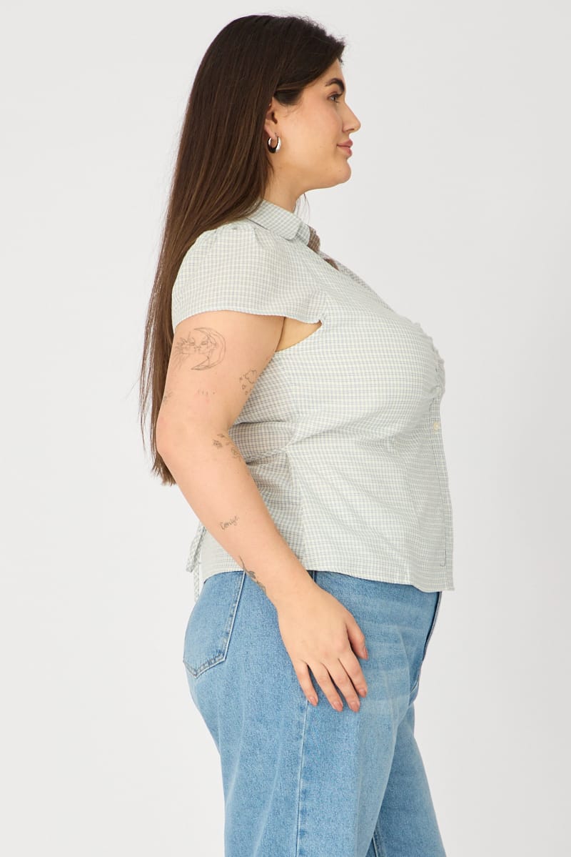 Blue Check Shirt Short Sleeve Fitted Ruched Bust for YouandAll Fashion