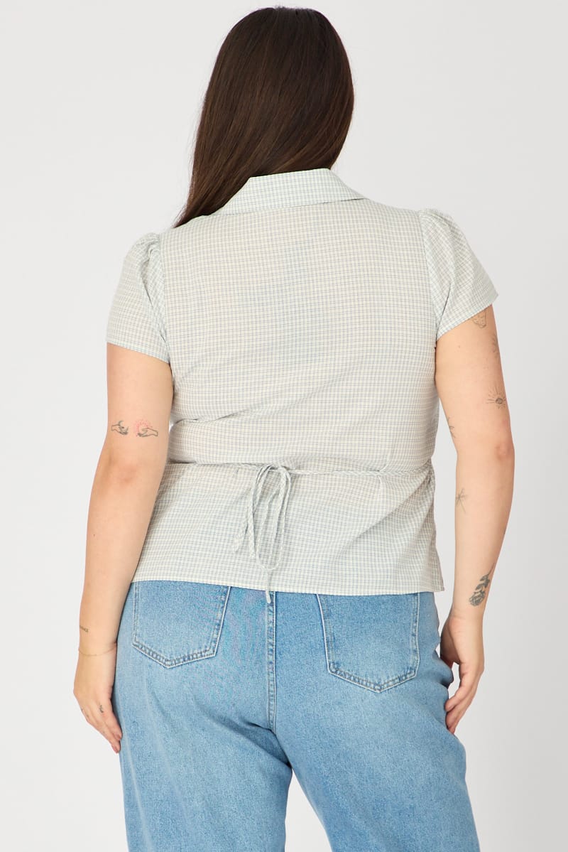 Blue Check Shirt Short Sleeve Fitted Ruched Bust for YouandAll Fashion