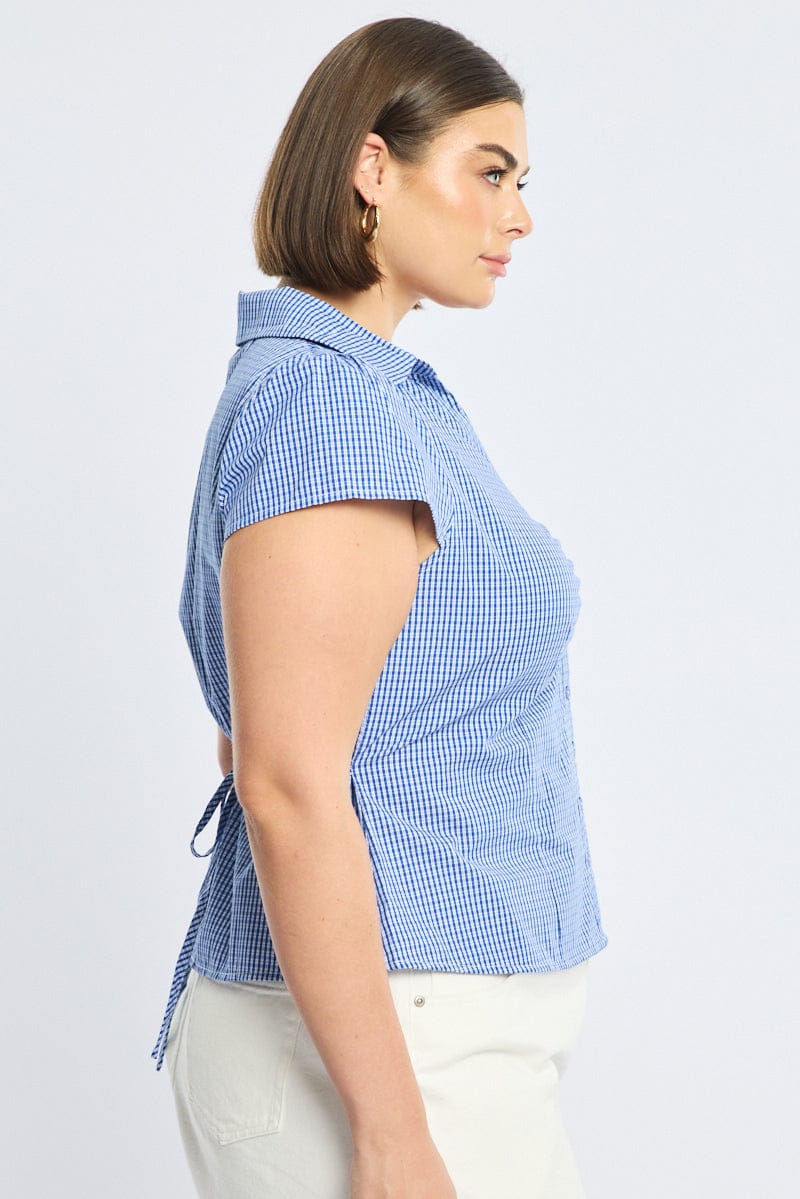 Blue Check Fitted Shirt Short Sleeve for YouandAll Fashion
