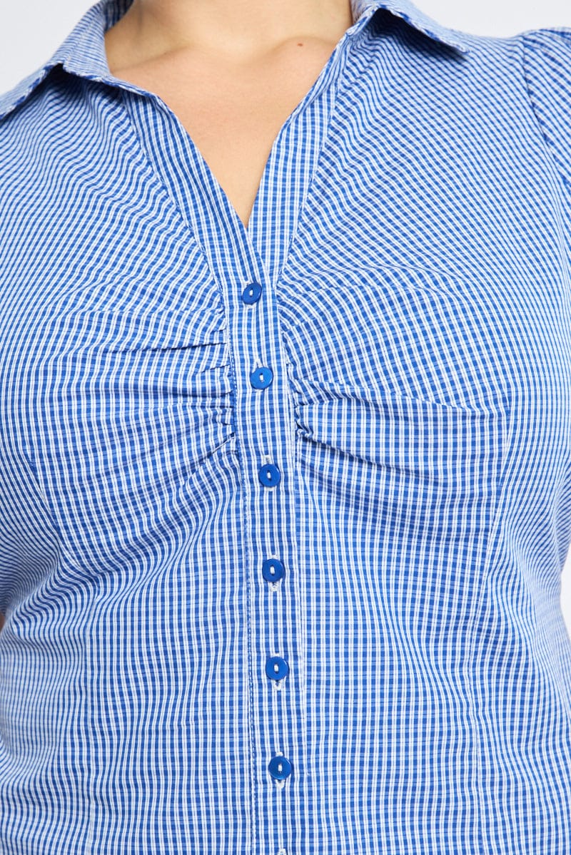 Blue Check Fitted Shirt Short Sleeve for YouandAll Fashion