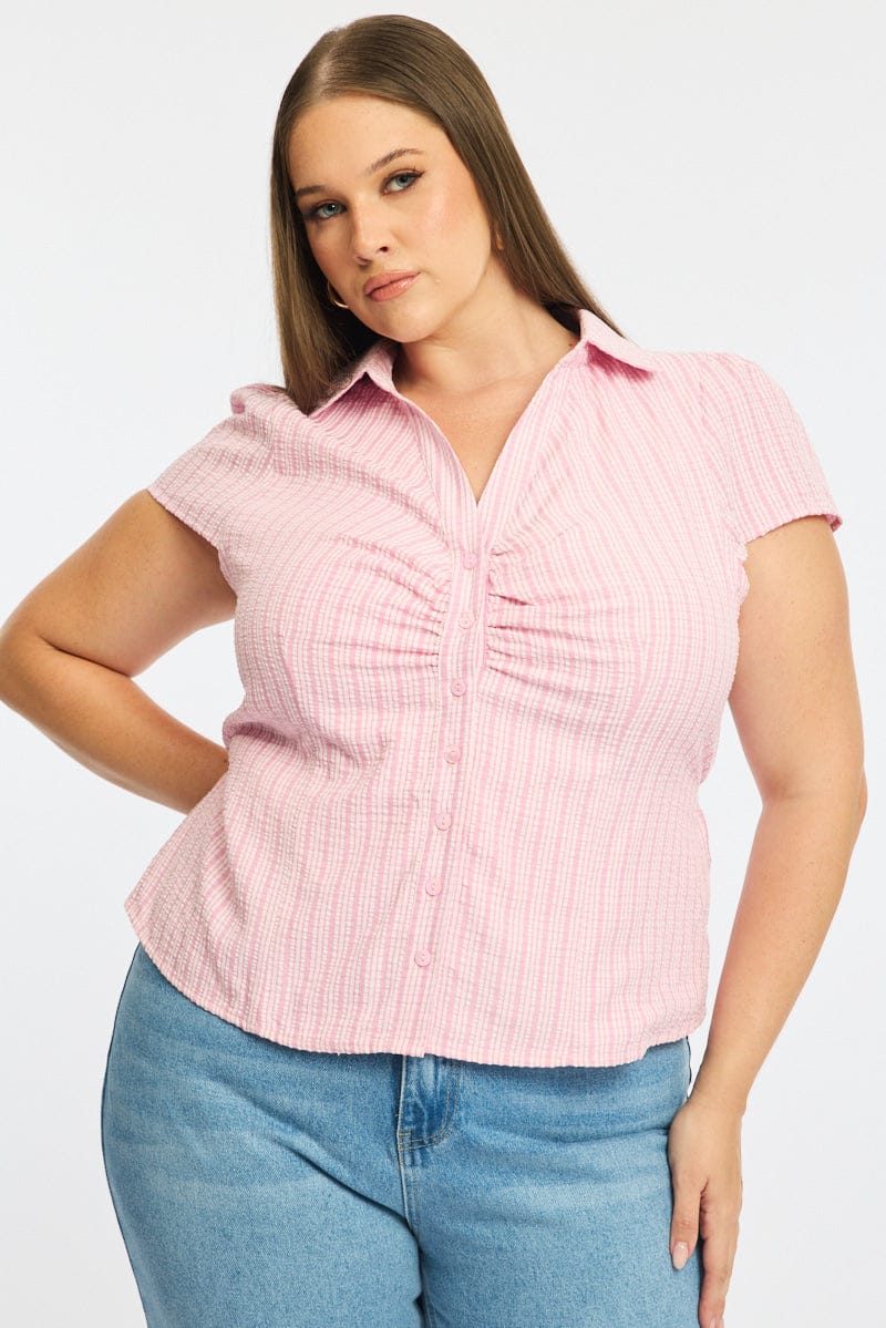 Pink Check Fitted Shirt Short Sleeve for YouandAll Fashion