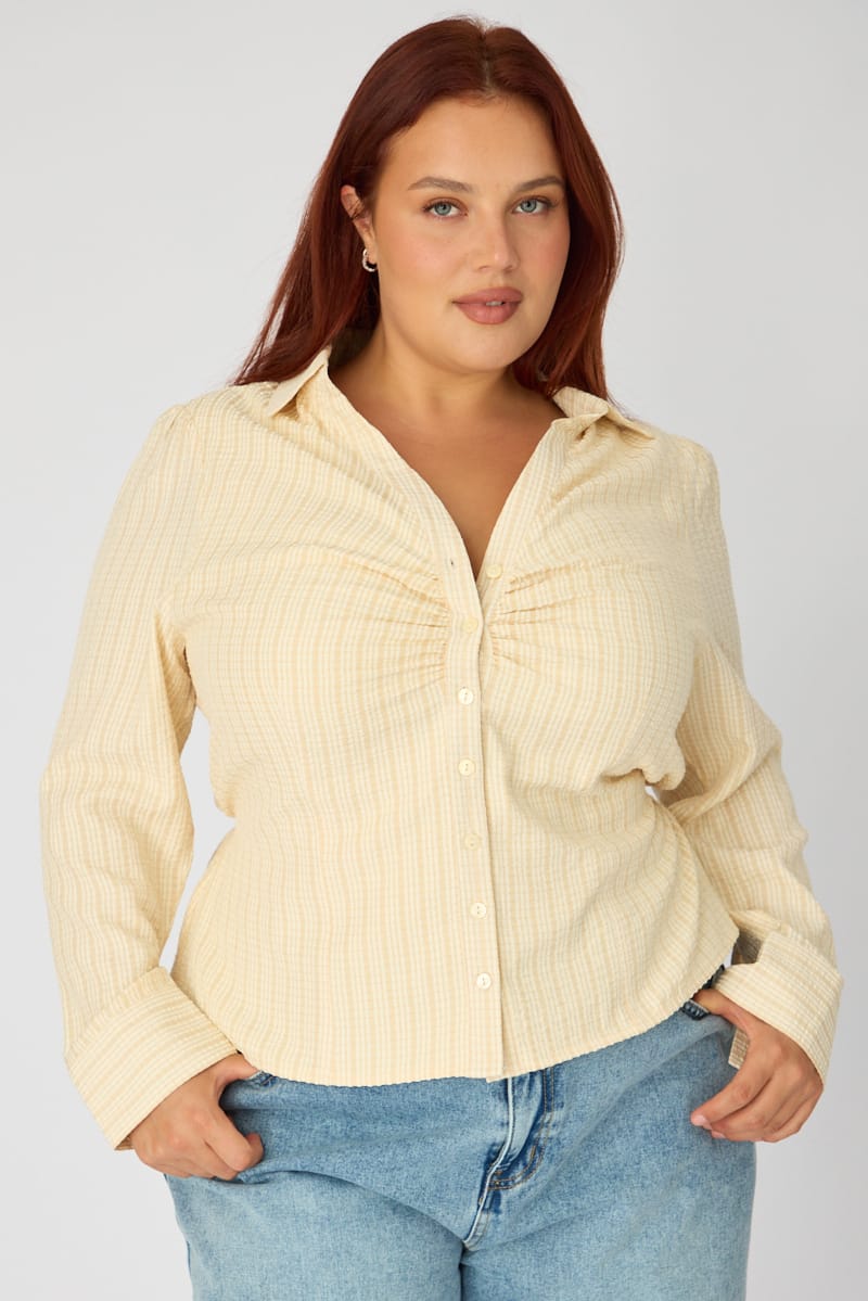 Beige Check Shirt Long Sleeve Collar Button Up for YouandAll Fashion