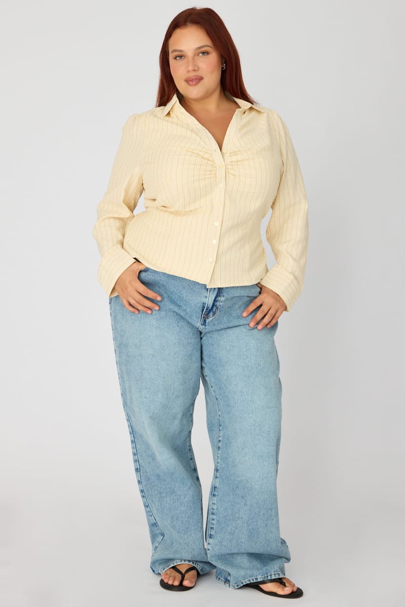 Beige Check Shirt Long Sleeve Collar Button Up for YouandAll Fashion