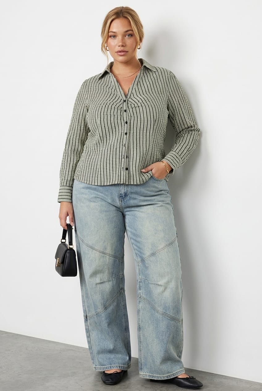 Black Check Shirt Long Sleeve Collar Button Up