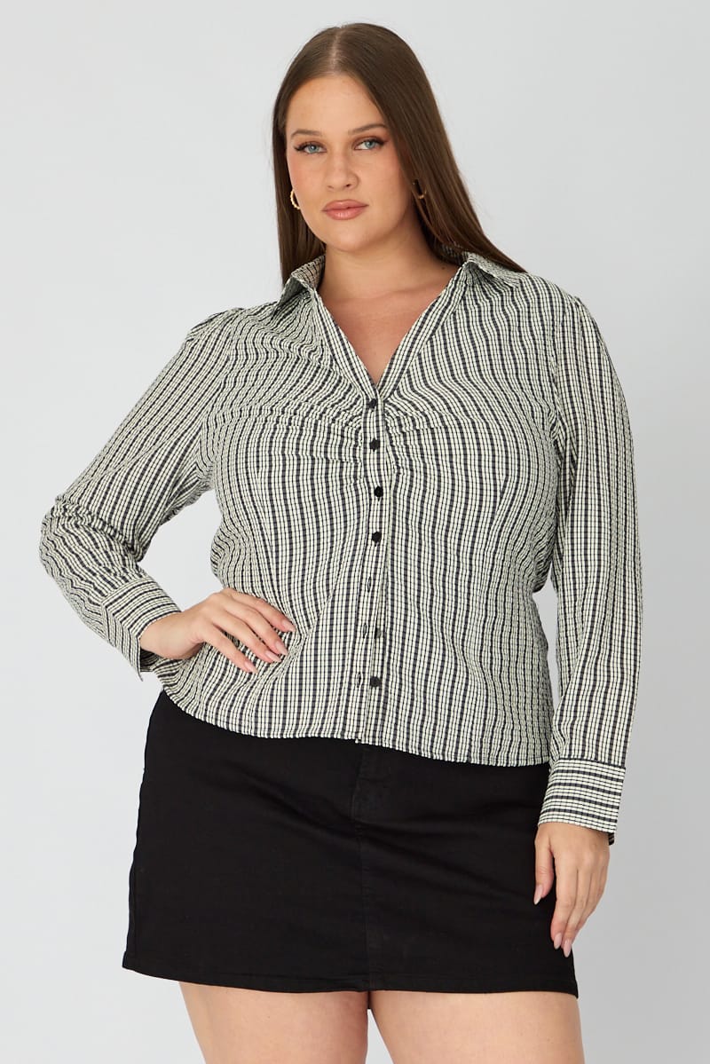 Black Check Shirt Long Sleeve Collar Button Up for YouandAll Fashion