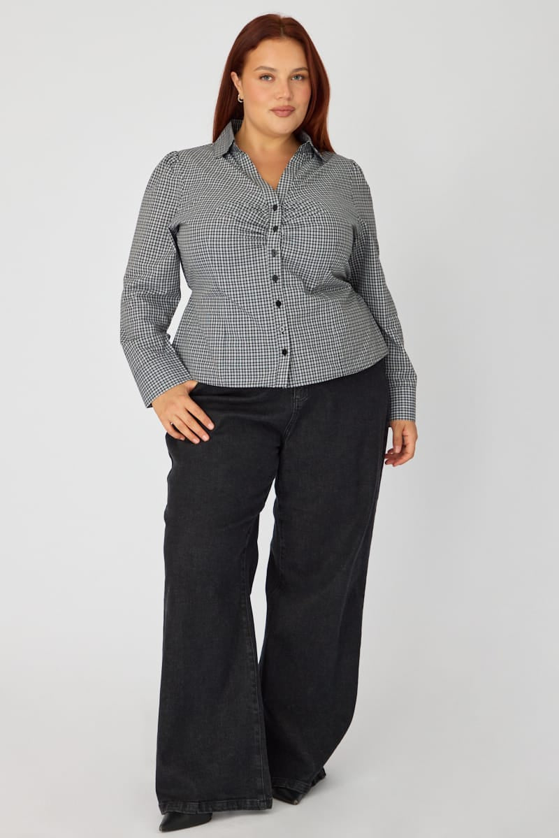 Black Check Shirt Long Sleeve Collar Button Up for YouandAll Fashion