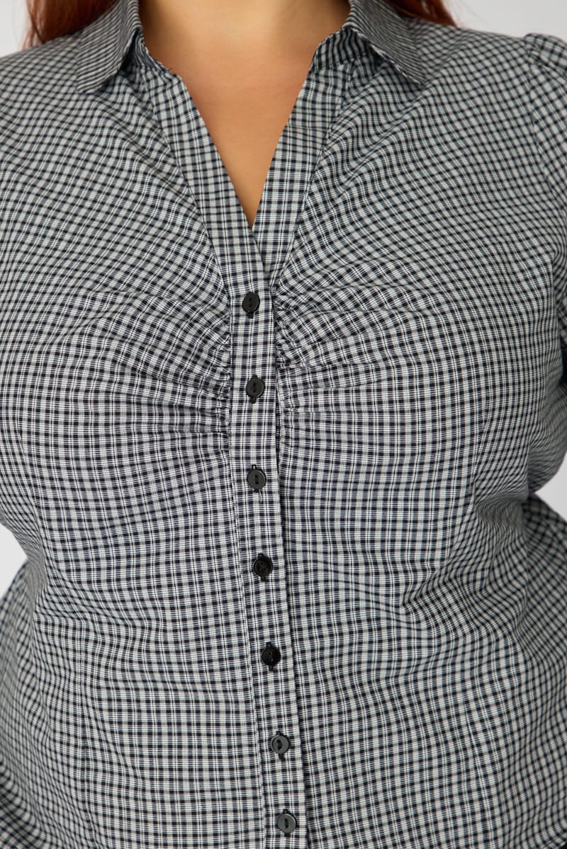 Black Check Shirt Long Sleeve Collar Button Up for YouandAll Fashion