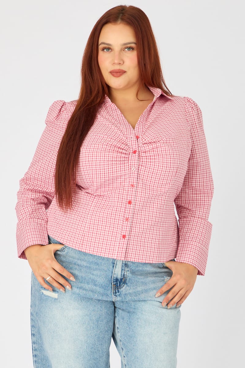 Red Check Shirt Long Sleeve Collar Button Up for YouandAll Fashion