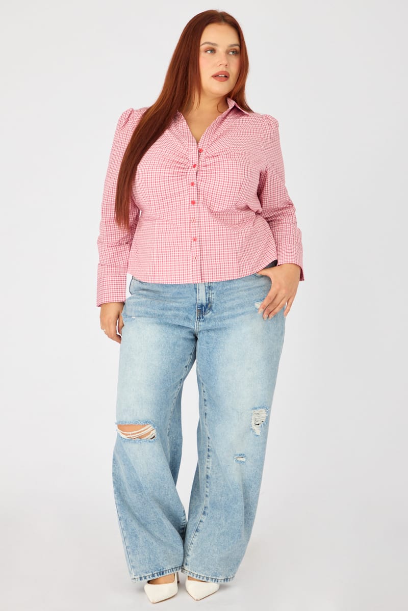 Red Check Shirt Long Sleeve Collar Button Up for YouandAll Fashion