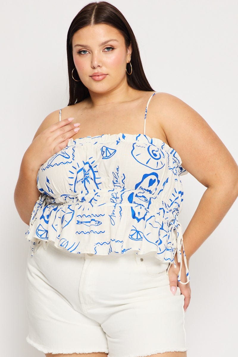 White Abstract Cami Top Sleeveless Ruched Linen Blend for YouandAll Fashion