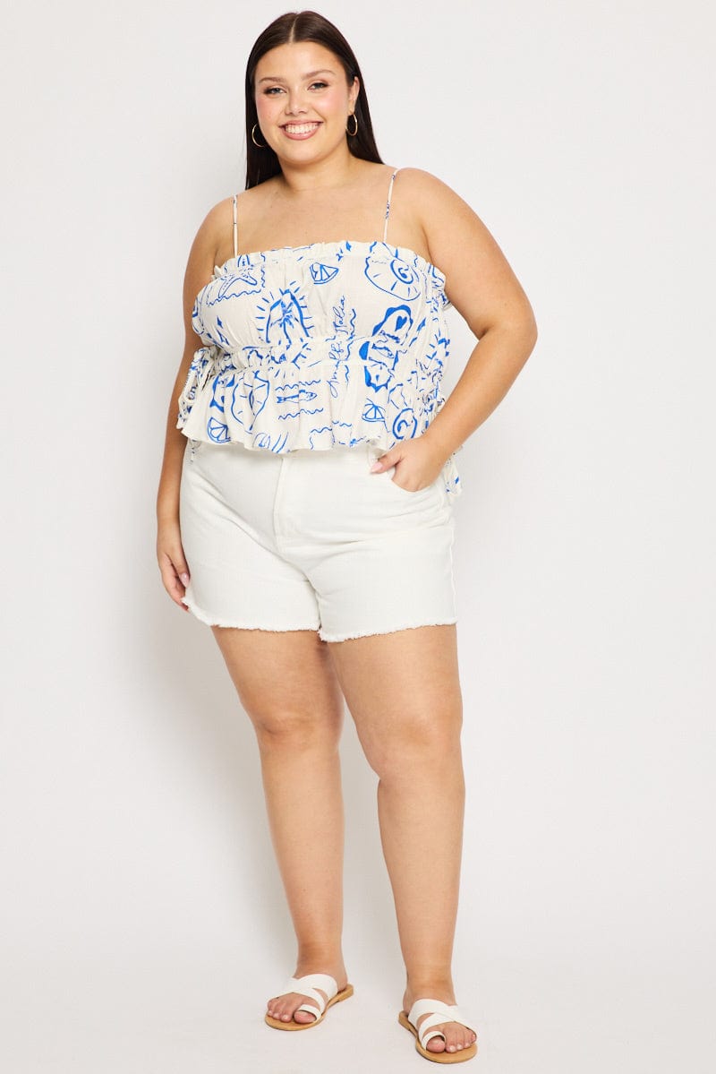 White Abstract Cami Top Sleeveless Ruched Linen Blend for YouandAll Fashion