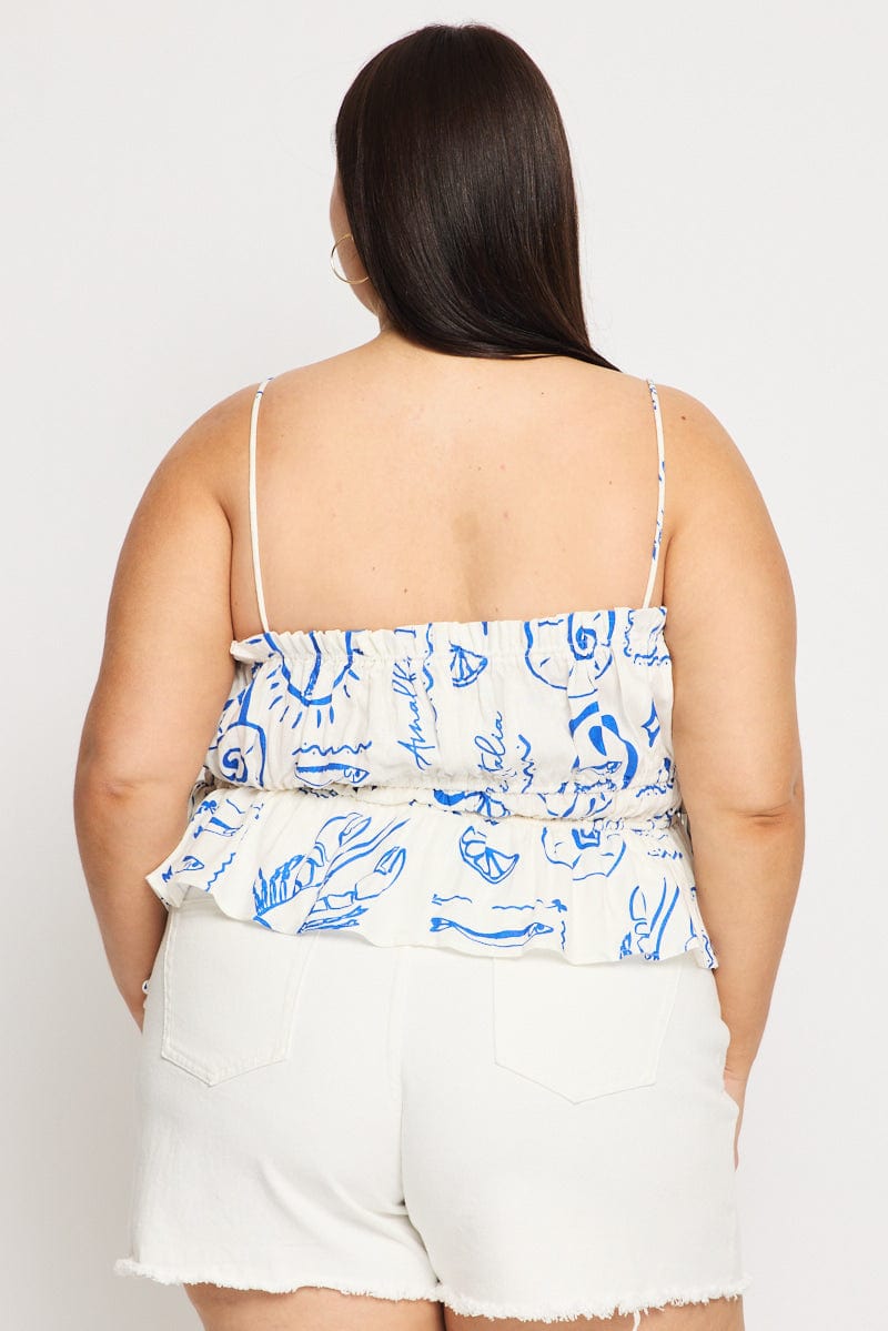 White Abstract Cami Top Sleeveless Ruched Linen Blend for YouandAll Fashion