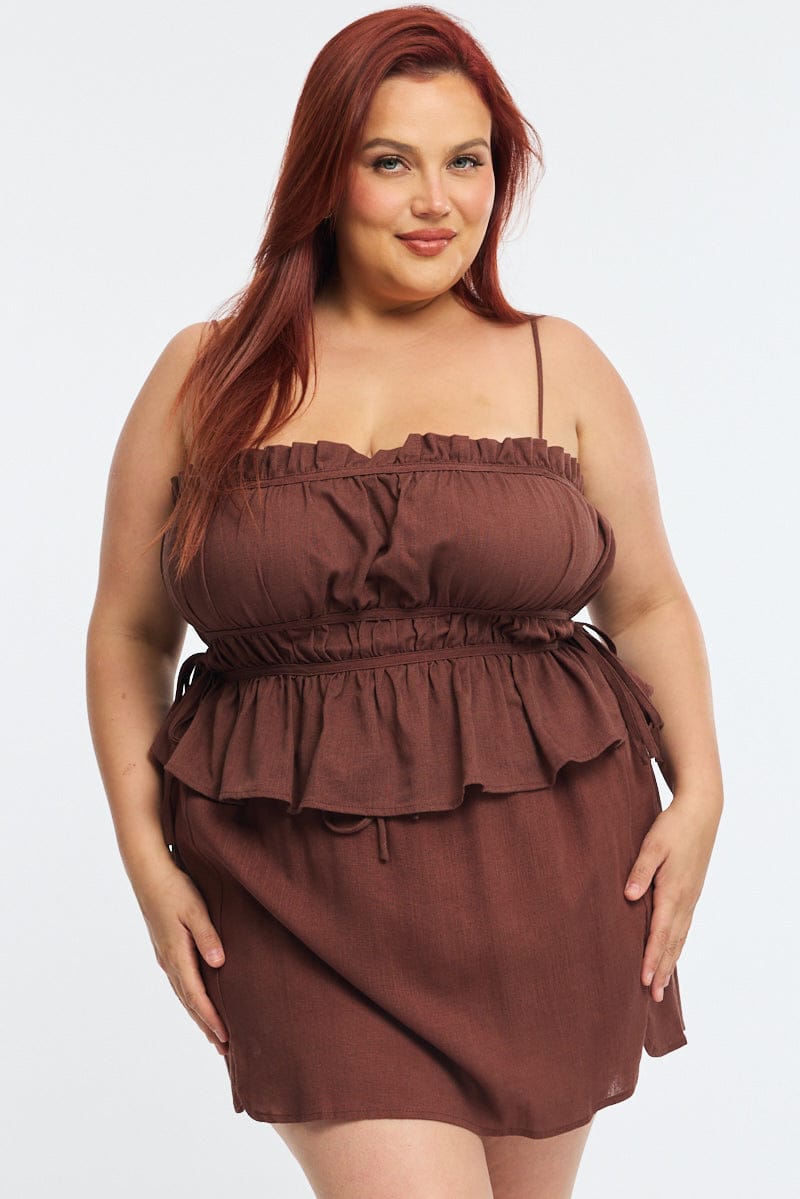 Brown Ruched Cami Top Linen Blend for YouandAll Fashion