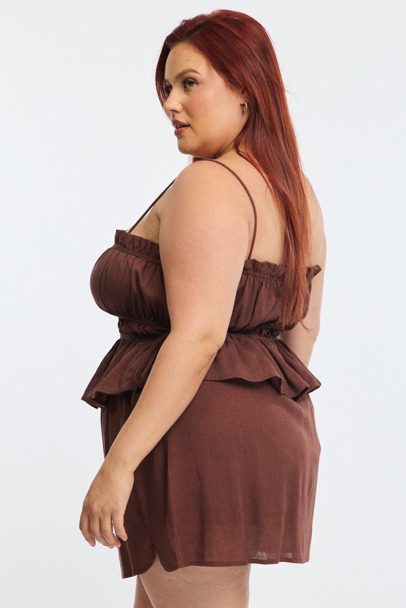 Brown Ruched Cami Top Linen Blend for YouandAll Fashion