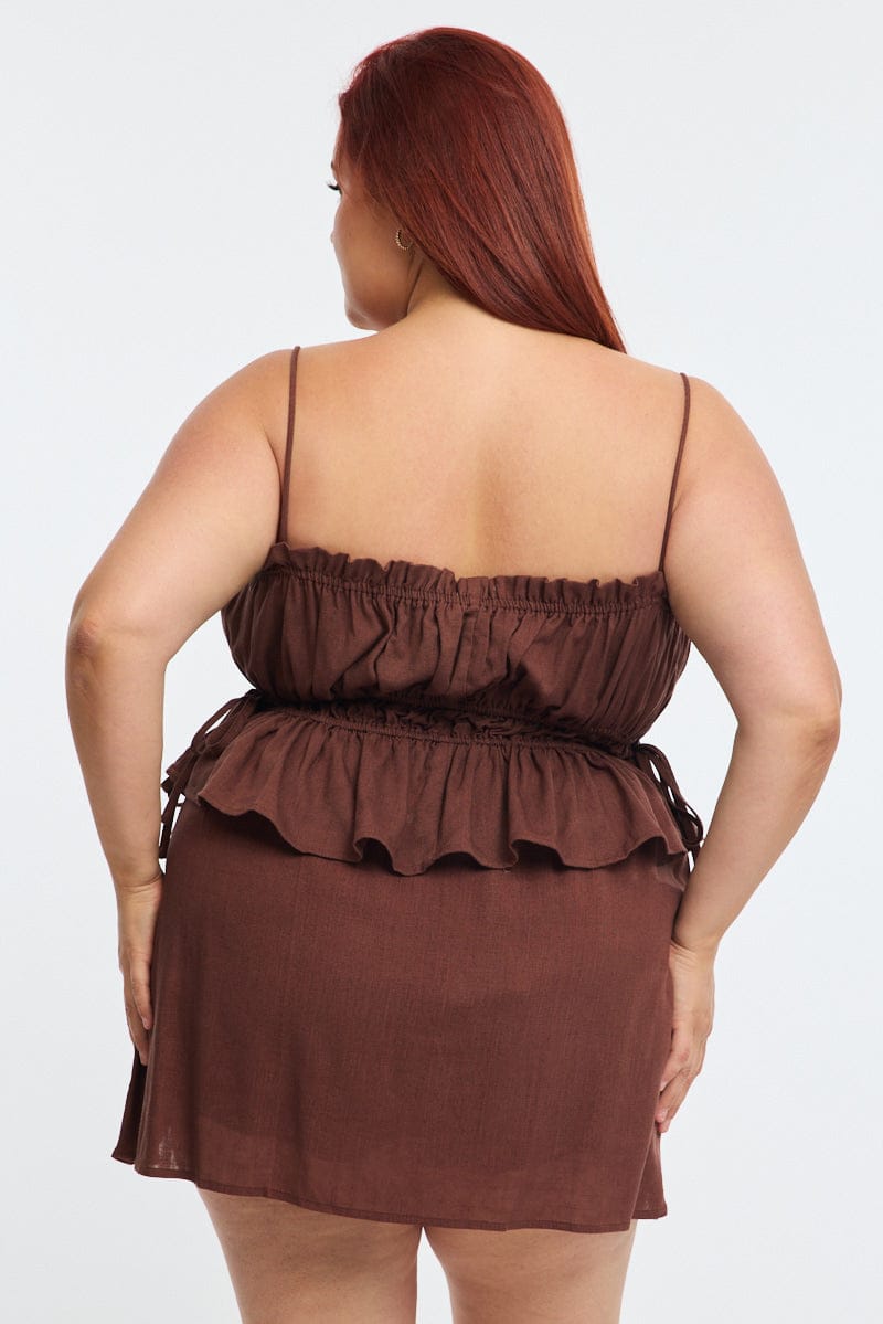 Brown Ruched Cami Top Linen Blend for YouandAll Fashion