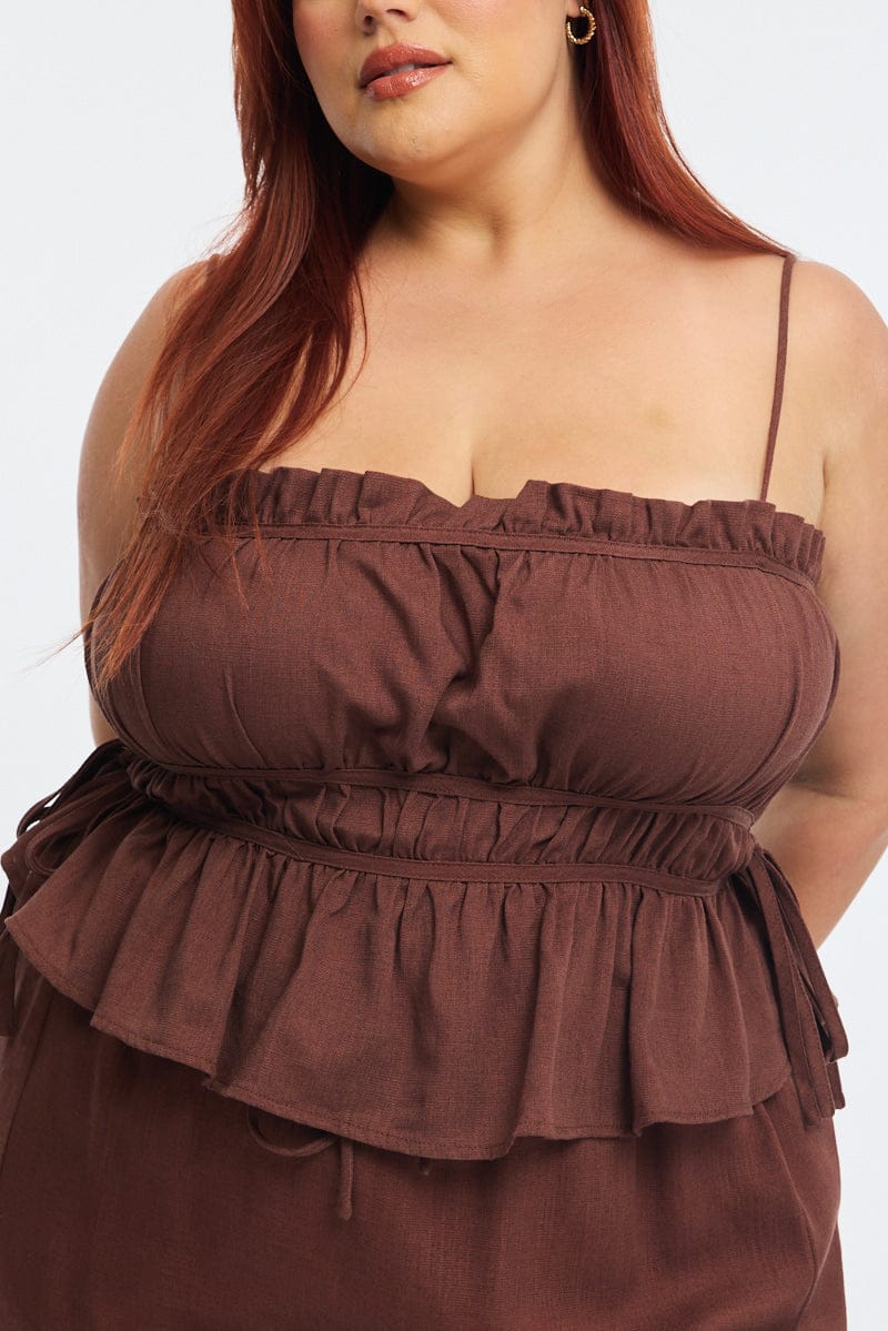 Brown Ruched Cami Top Linen Blend for YouandAll Fashion