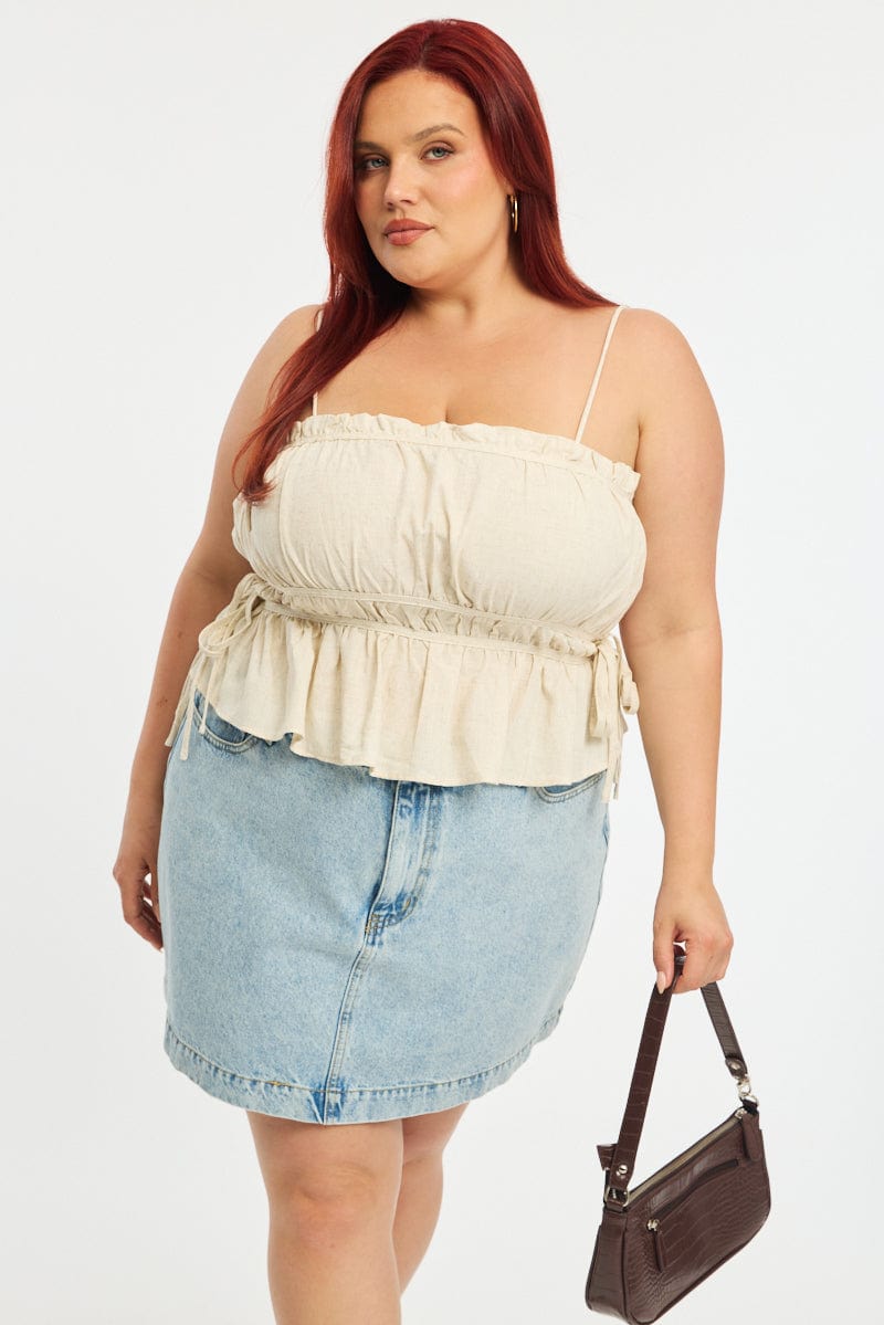 Beige Ruched Cami Top Linen Blend for YouandAll Fashion