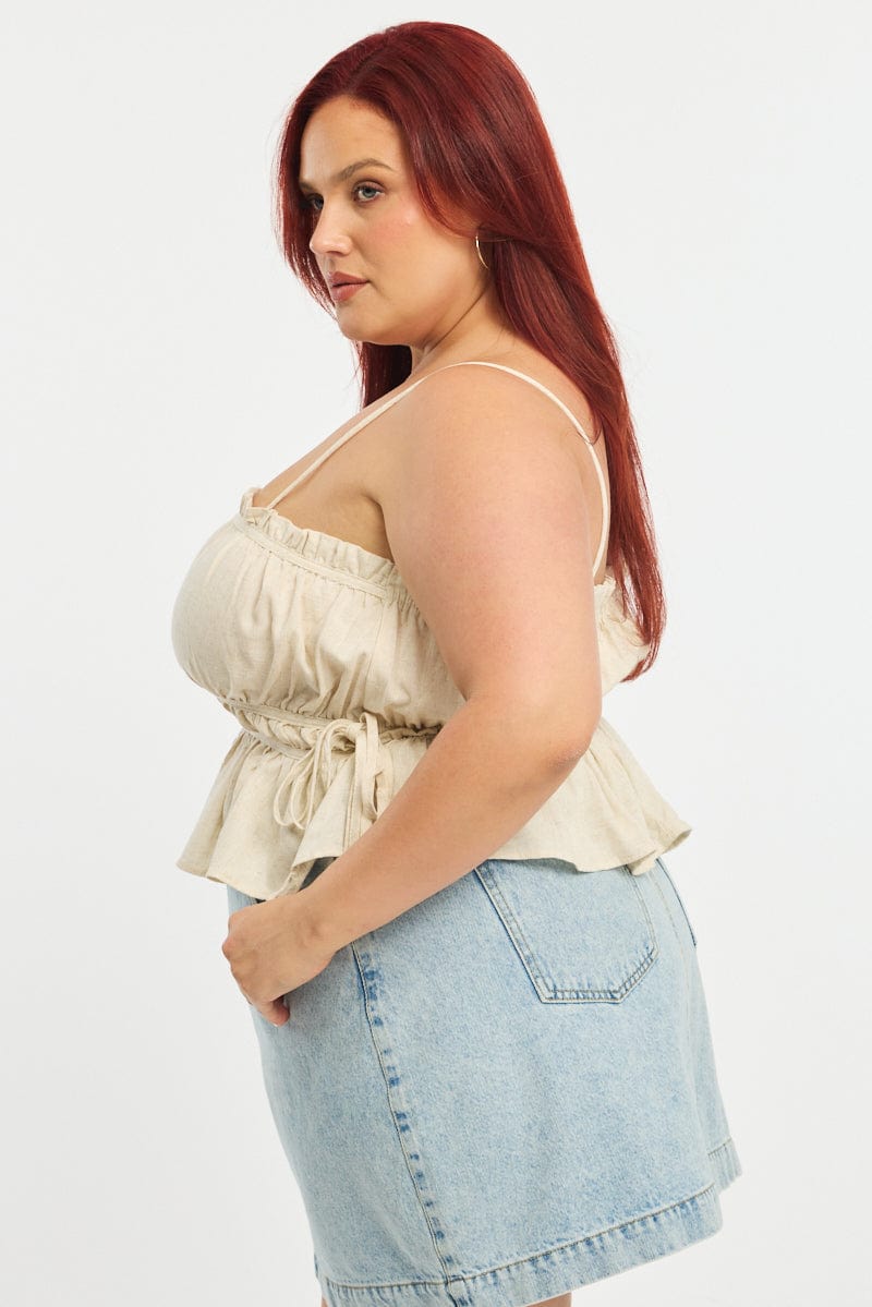 Beige Ruched Cami Top Linen Blend for YouandAll Fashion