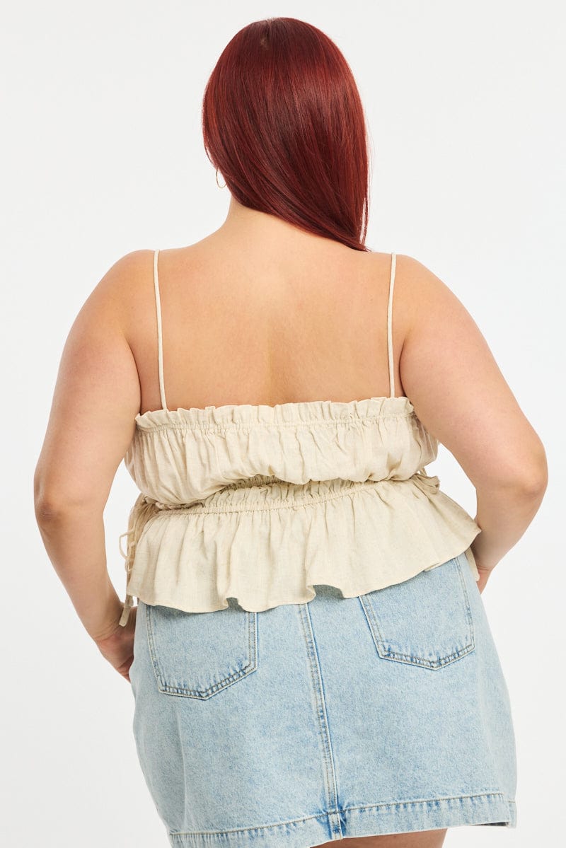Beige Ruched Cami Top Linen Blend for YouandAll Fashion