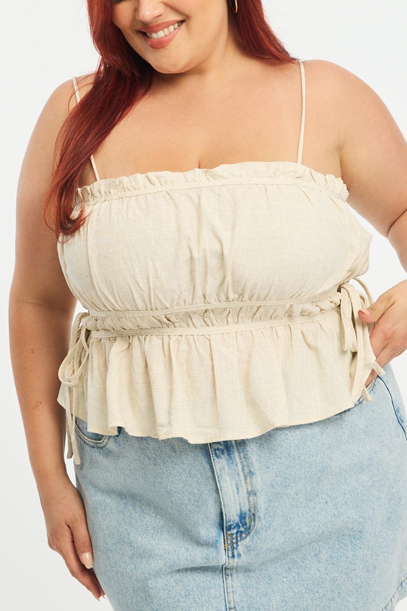 Beige Ruched Cami Top Linen Blend for YouandAll Fashion