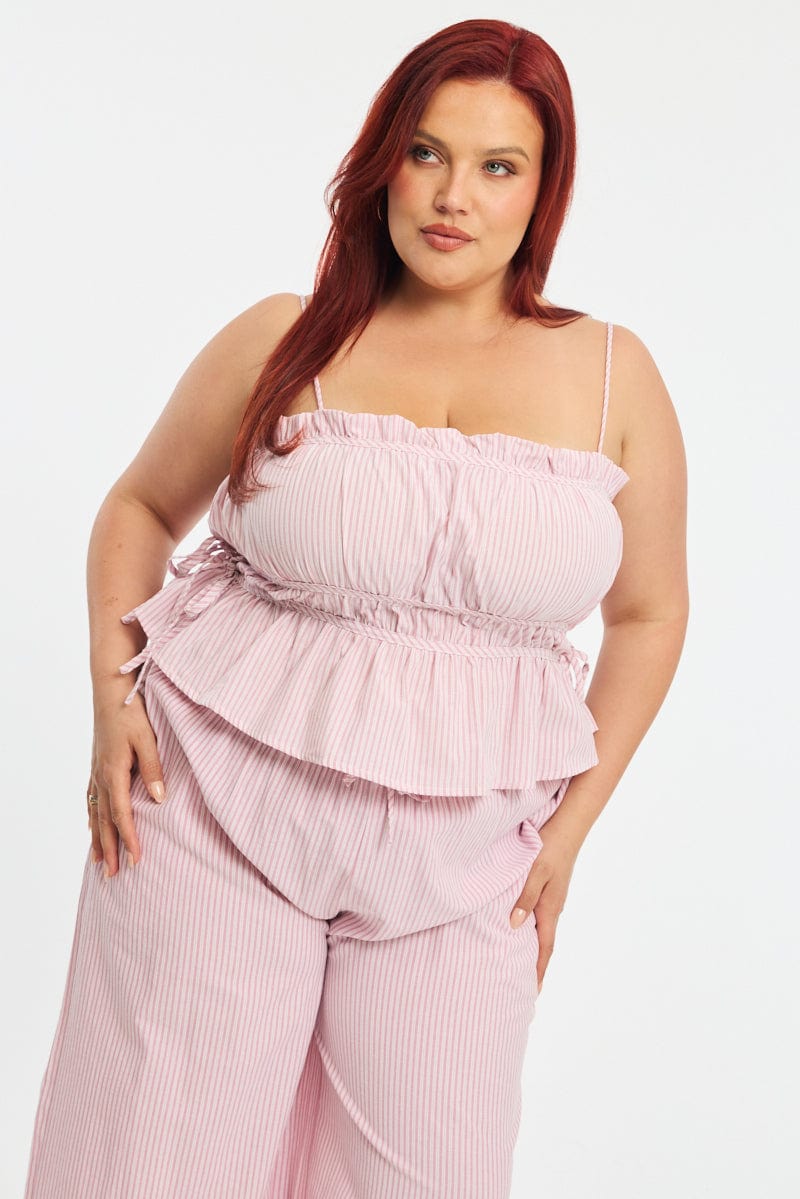 Red Stripe Cami Top Sleeveless Ruched Peplum