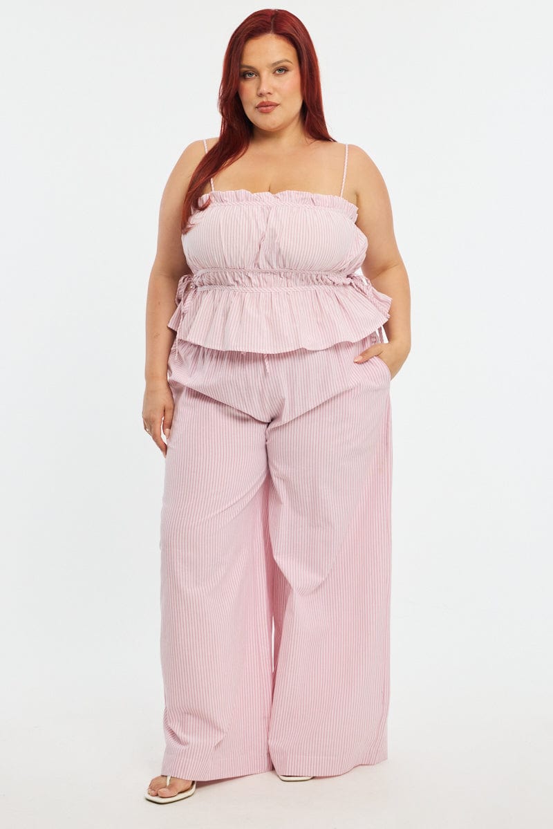 Red Stripe Cami Top Sleeveless Ruched Peplum