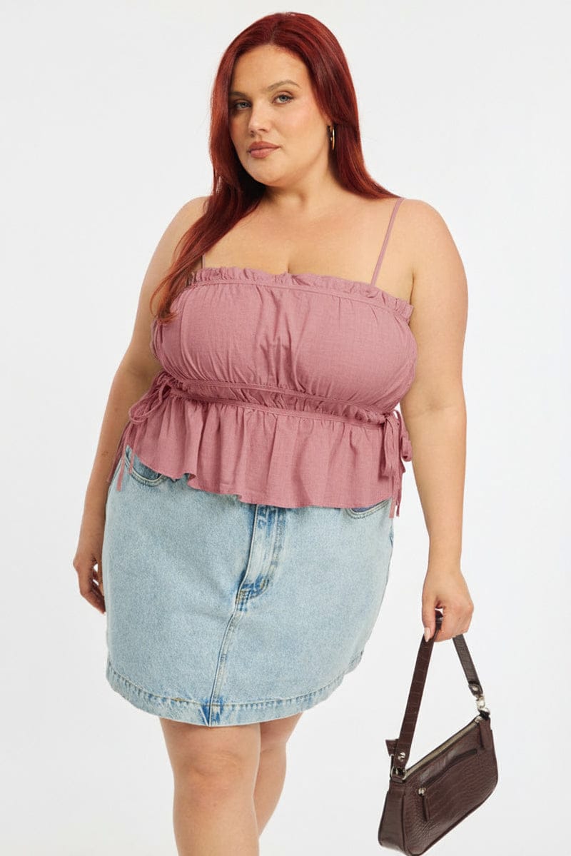 Pink Ruched Cami Top Linen Blend for YouandAll Fashion