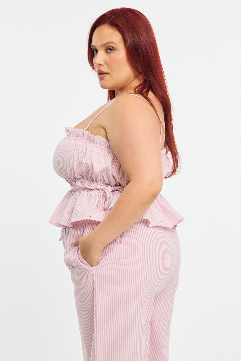 Red Stripe Cami Top Sleeveless Ruched Peplum