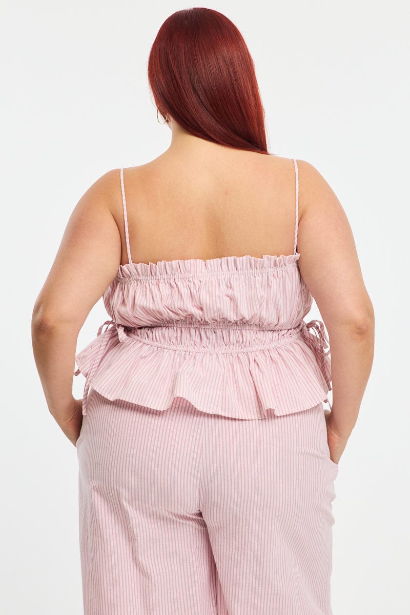 Red Stripe Cami Top Sleeveless Ruched Peplum