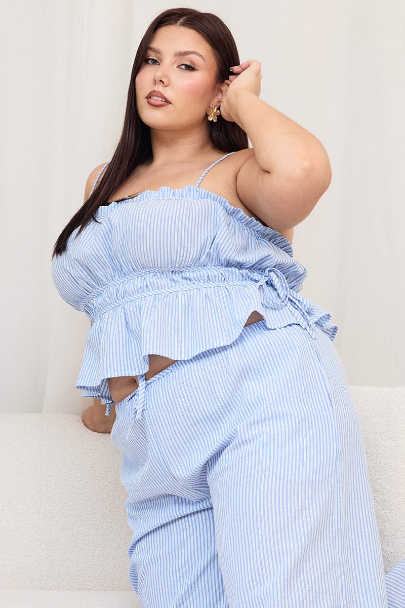 Blue Stripe Cami Top Sleeveless Ruched Peplum for YouandAll Fashion