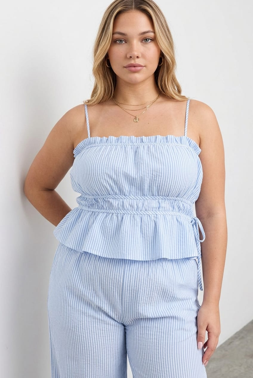 Blue Stripe Cami Top Sleeveless Ruched Peplum for YouandAll Fashion