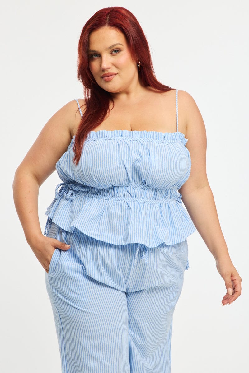 Blue Stripe Cami Top Sleeveless Ruched Peplum for YouandAll Fashion