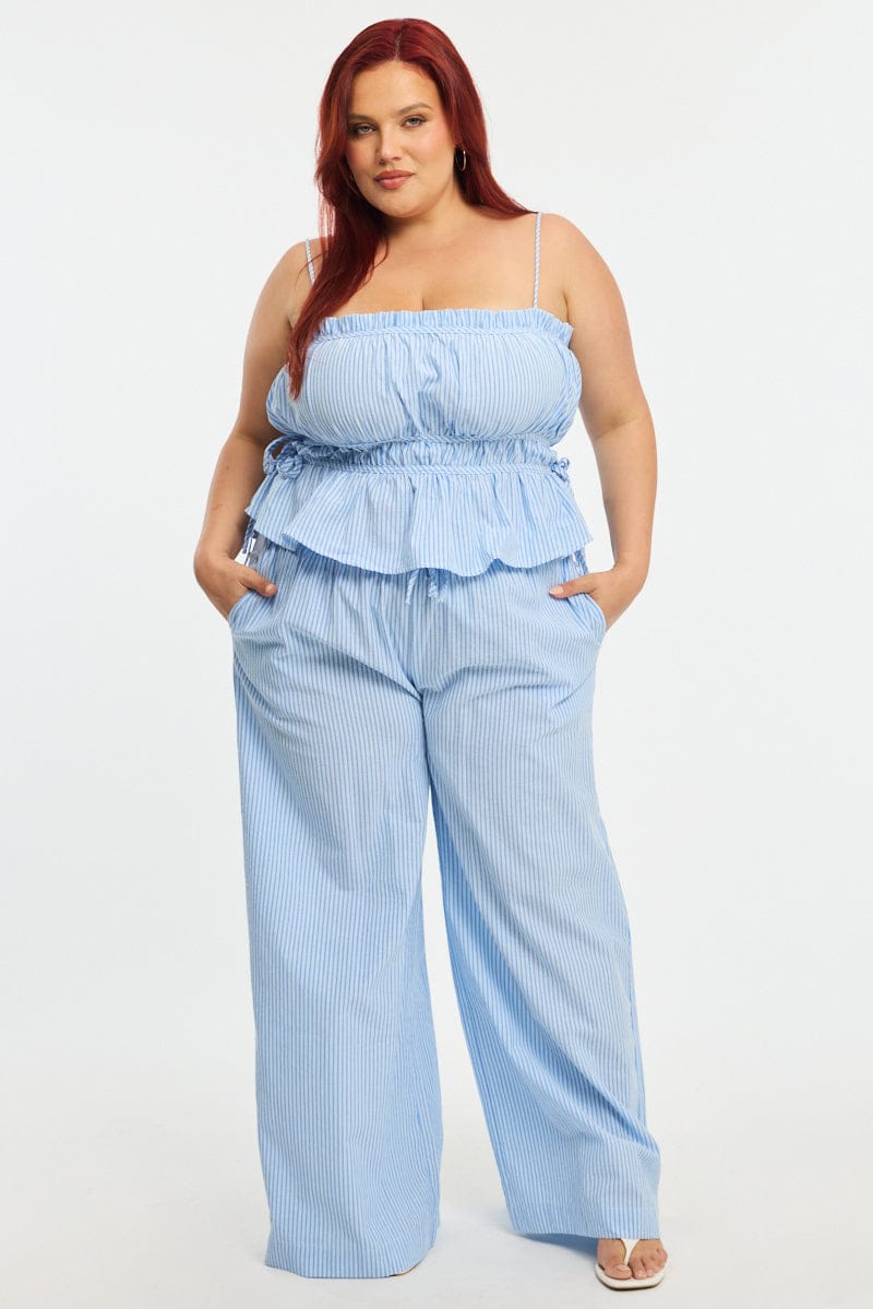 Blue Stripe Cami Top Sleeveless Ruched Peplum for YouandAll Fashion