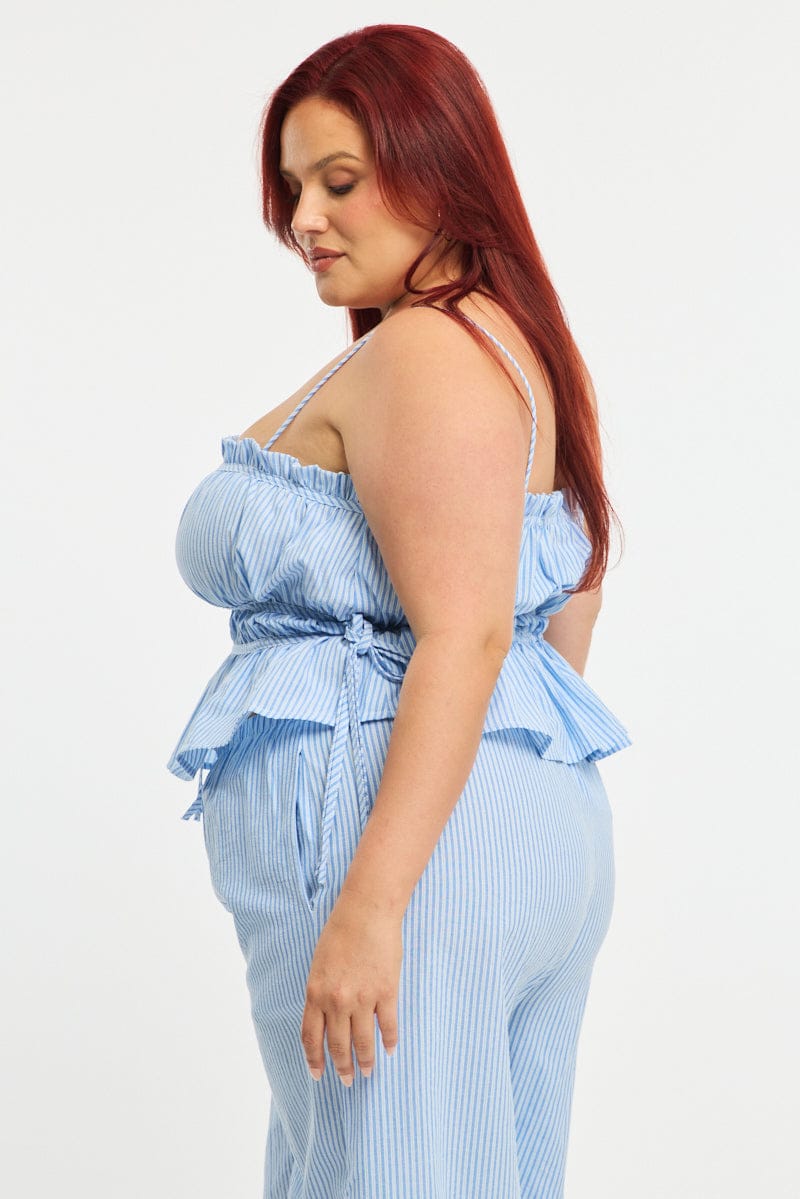 Blue Stripe Cami Top Sleeveless Ruched Peplum for YouandAll Fashion