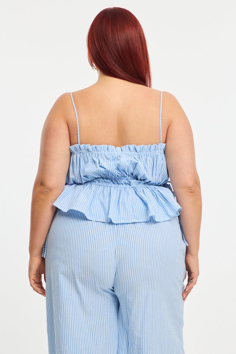 Blue Stripe Cami Top Sleeveless Ruched Peplum for YouandAll Fashion