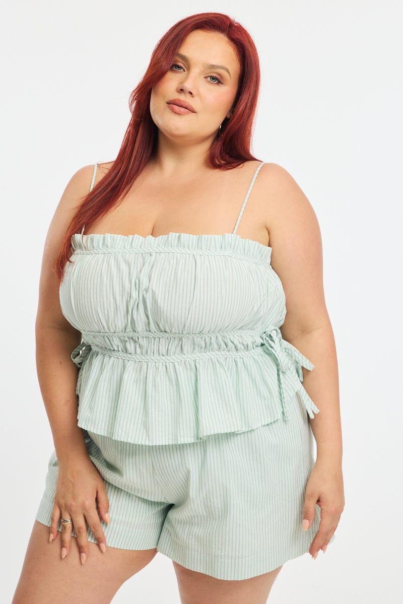 Green Stripe Cami Top Sleeveless Ruched Peplum for YouandAll Fashion