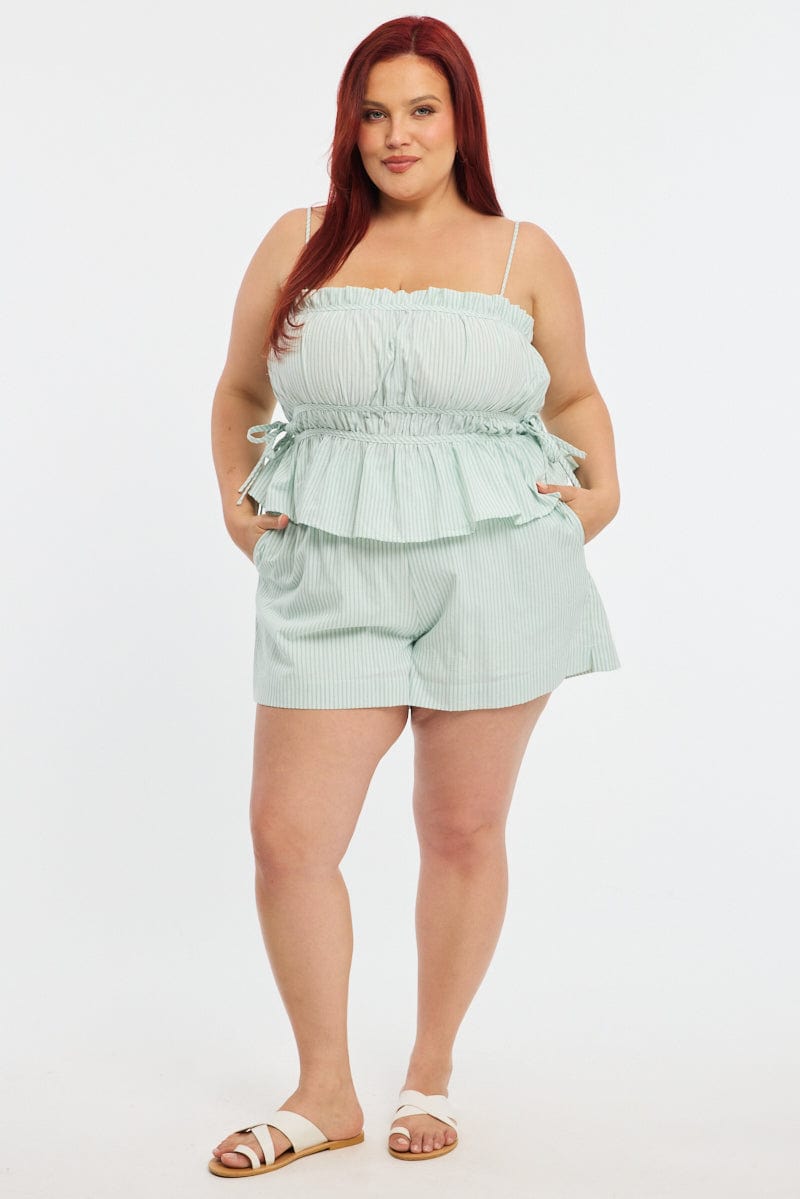 Green Stripe Cami Top Sleeveless Ruched Peplum for YouandAll Fashion
